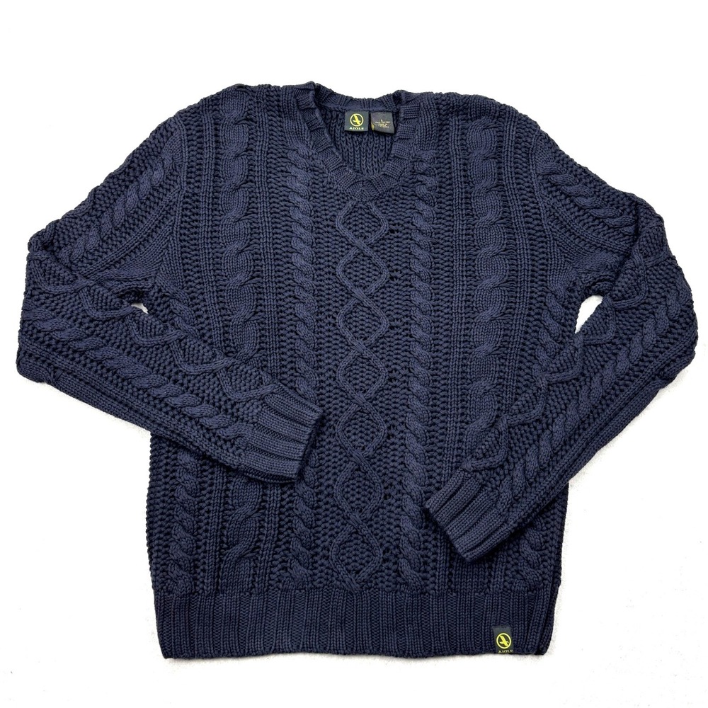Aigle Cable Knit Sweater Mens Large Navy Blue Chunky Cotton Fisherman V Neck